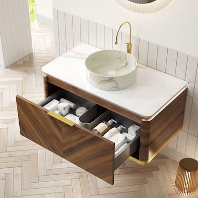 36" Floating Vanity with Smart Sensor Light, Stone Top and Vessel Sink