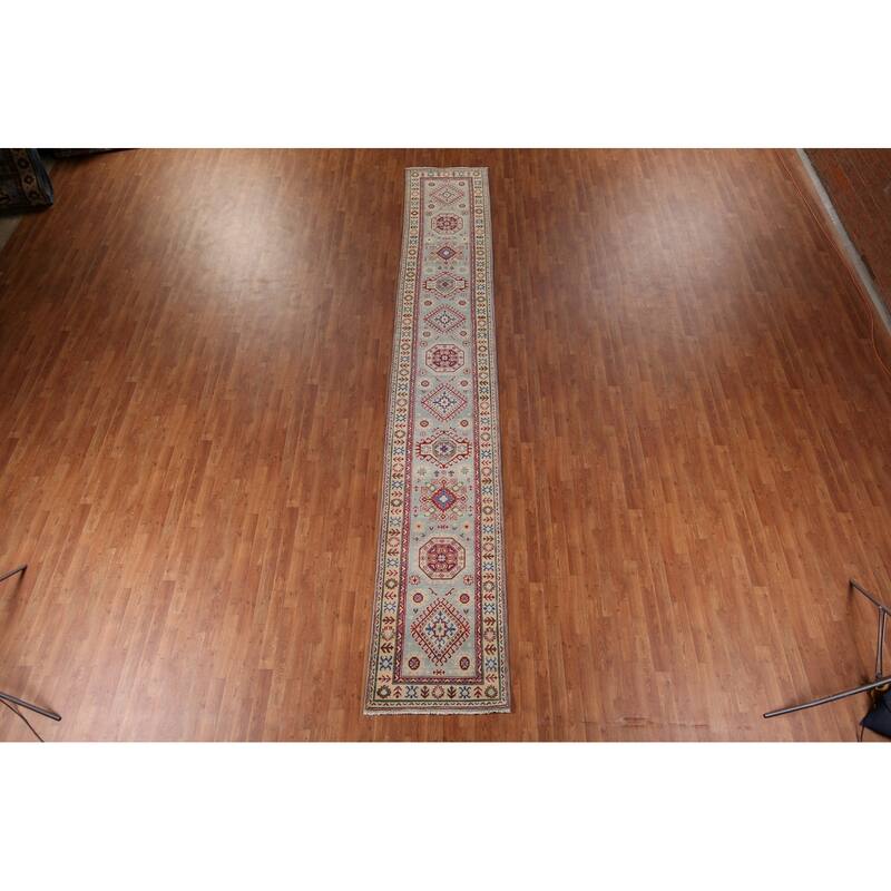 Geometric Kazak Oriental Runner Rug Hand-Knotted Grey Wool Carpet - 2'7" x 16'0"