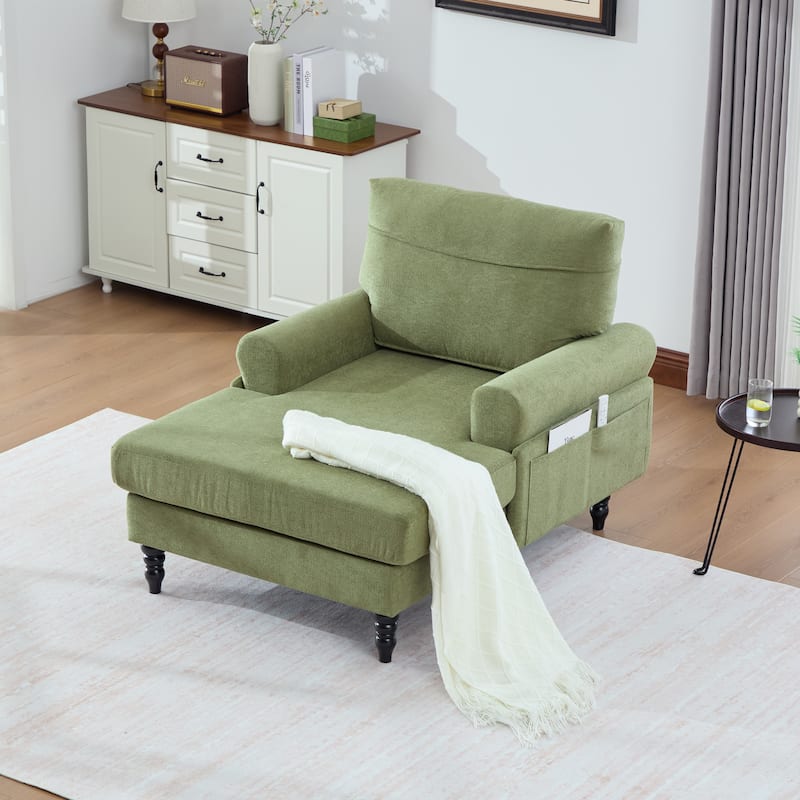 Modern Chaise Lounge Single Sofa Chair, Chenille Fabric Recliner Armchair with Side Pockets and Wooden Legs