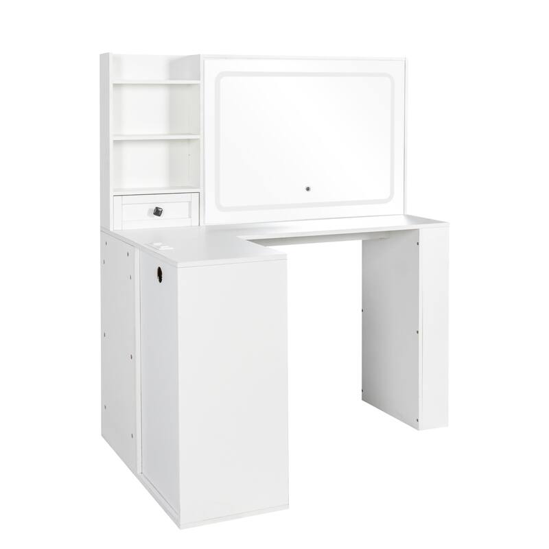 Vanity Desk with Lights & Power Strip, Large Bedroom Makeup Table, Dressing Table Set with Stool, 3 Drawers & 7 Shelves