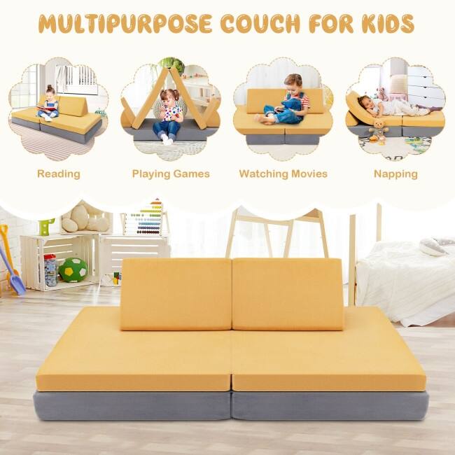 4-Piece Convertible Kids Couch Set with 2 Folding Mats - 66" x 33" x 5.5" (L x W x H)