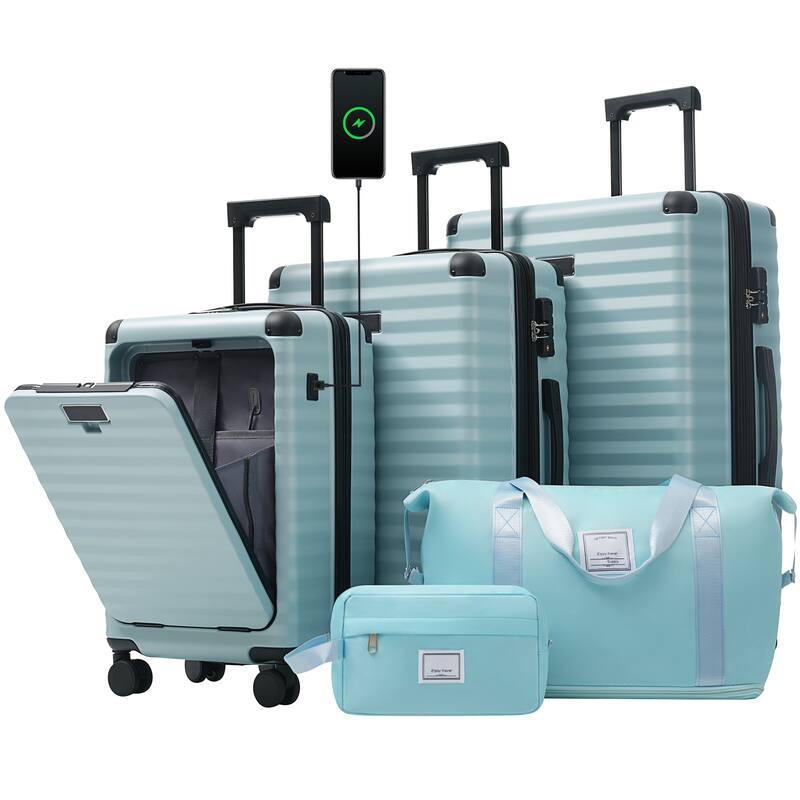 Luggage Sets 5 Piece with Front Opening, Hardside Expandable Carry on Suitcase, with Spinner Wheels, TSA Lock, USB Port - Light Blue