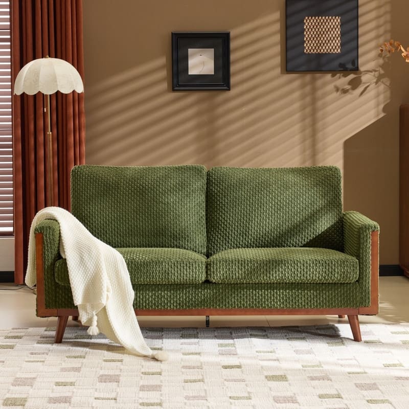 Modern Farmhouse Velvet Upholstery Loveseat With Solid Wood Frame Compact 2-Seater Couch For Small Space