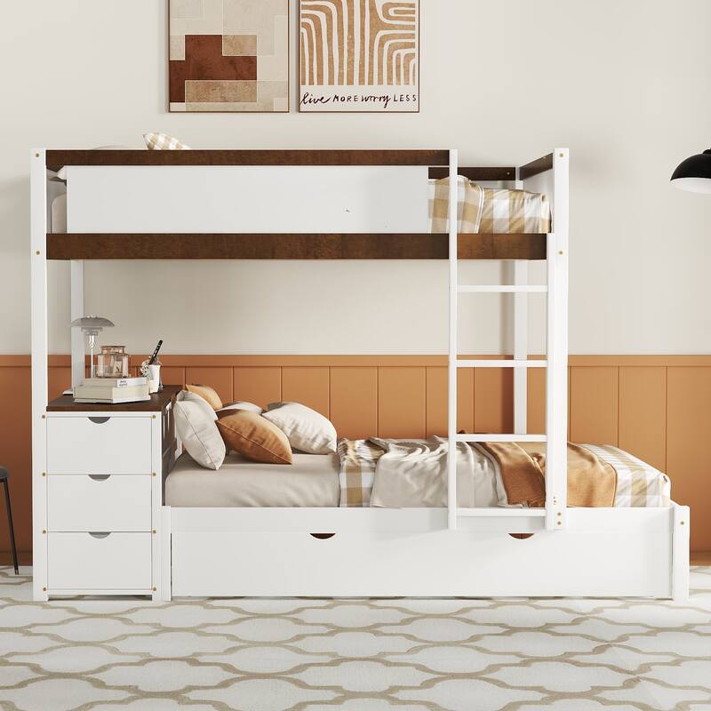 Twin-Over-Twin Bunk Bed with Trundle, Storage, and Desk, Space-Saving Design, USB Ports, Ideal for Overnight Guests