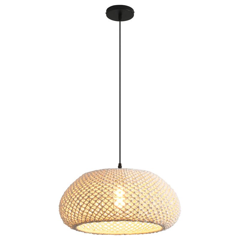 1-Light Rustic Beige Hand-Woven Cotton Hanging Basket Pendant Light - 18.8" W x 55" H