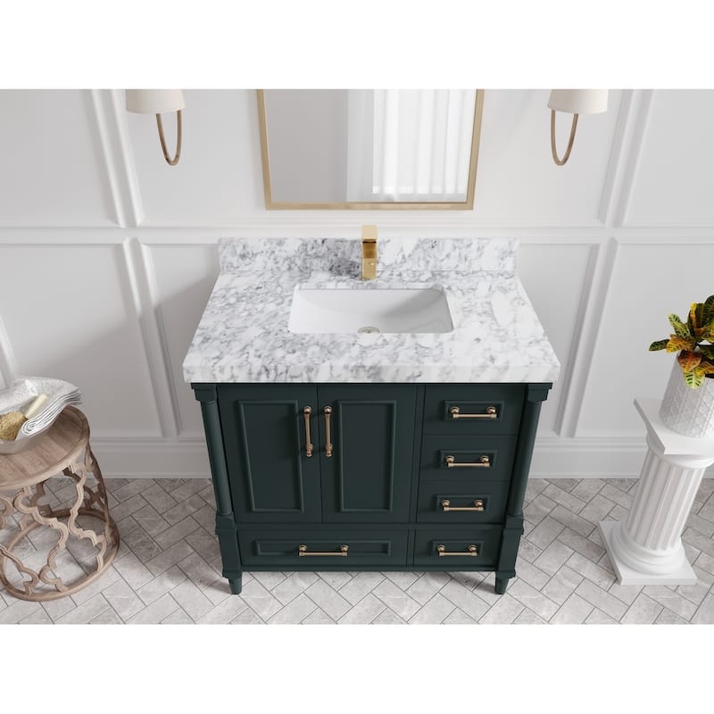 Willow Collections 36 in. W x 22 in. D Aberdeen Center Sink Left Bathroom Vanity with Countertop - 2" Carrara Marble - Dark Forest Green