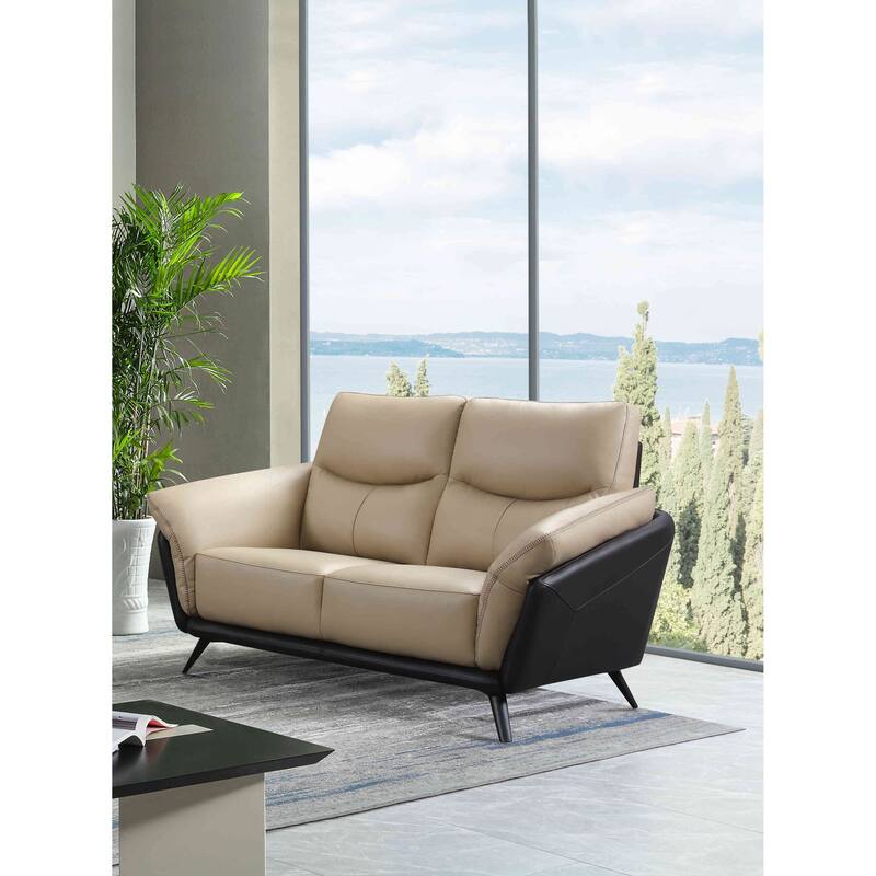 Cortesi Home Paris Genuine Full Leather Loveseat/Sofa, 2 Tone Combination of Black and Beige