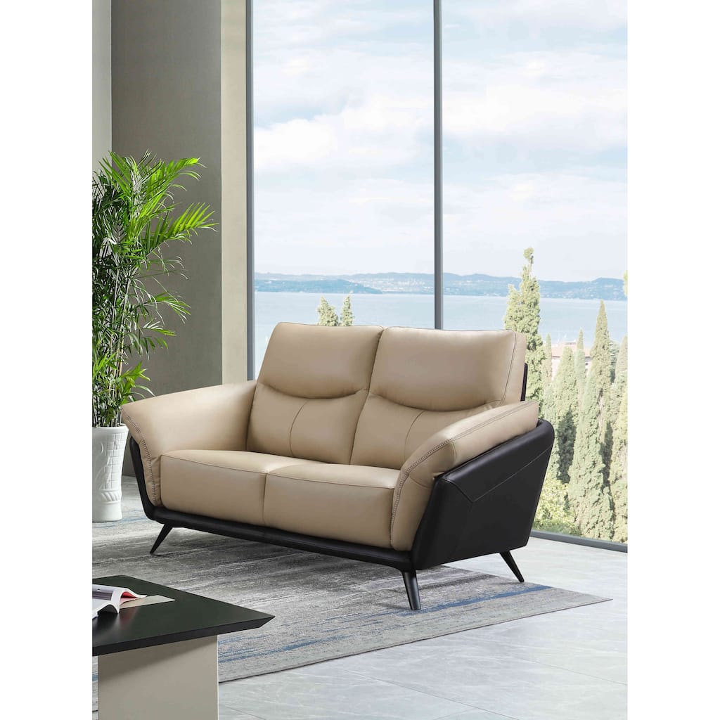 Cortesi Home Paris Genuine Full Leather Loveseat/Sofa, 2 Tone Combination of Black and Beige