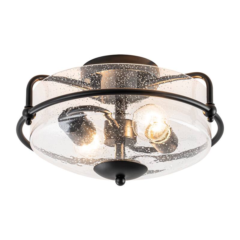 2-Light Modern Transitional Metal & Glass Flush Mount with Clear Bubble Glass Shade for Bedroom - 12.6 in. W x 7.3 in. H