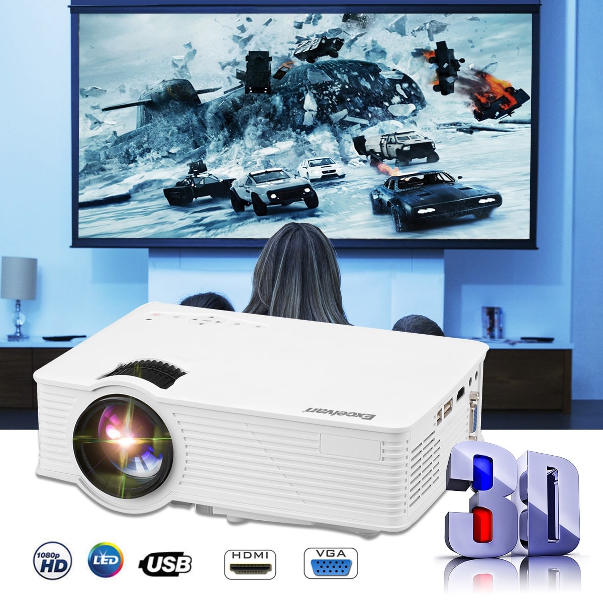 Mini LED Projector 1080P 2000 Lumens Home Cinema Theater HDMI//USB//USB//SD//AV//VGA