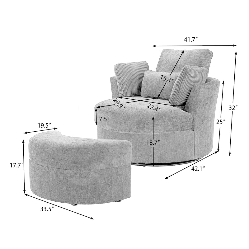 Upholstered Swivel Accent Chair with Wooden Tray Storage Ottoman