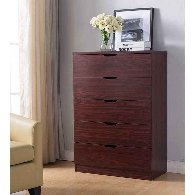 5 Drawer Bedroom Chest Dresser, Distressed Wood Cabinet - Mahogany
