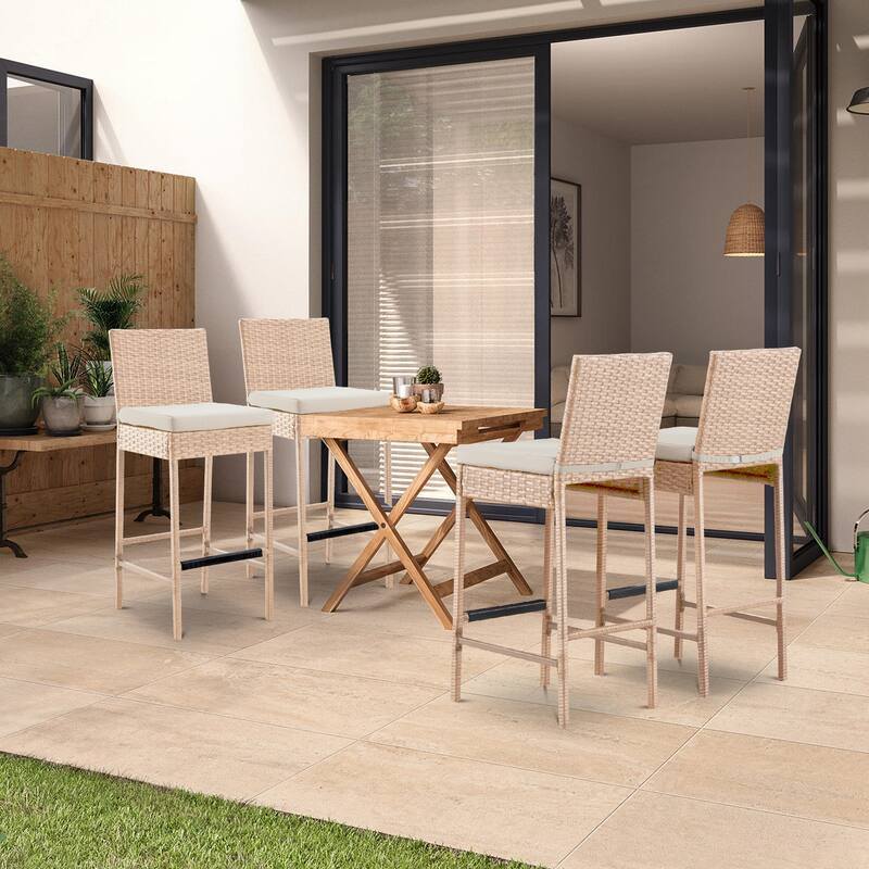 Rattan Bar Stools Set of 2, Armless Wicker Bar Stools with Cushions, All-Weather Outdoor Bar Height Stools for Patio, Poolside