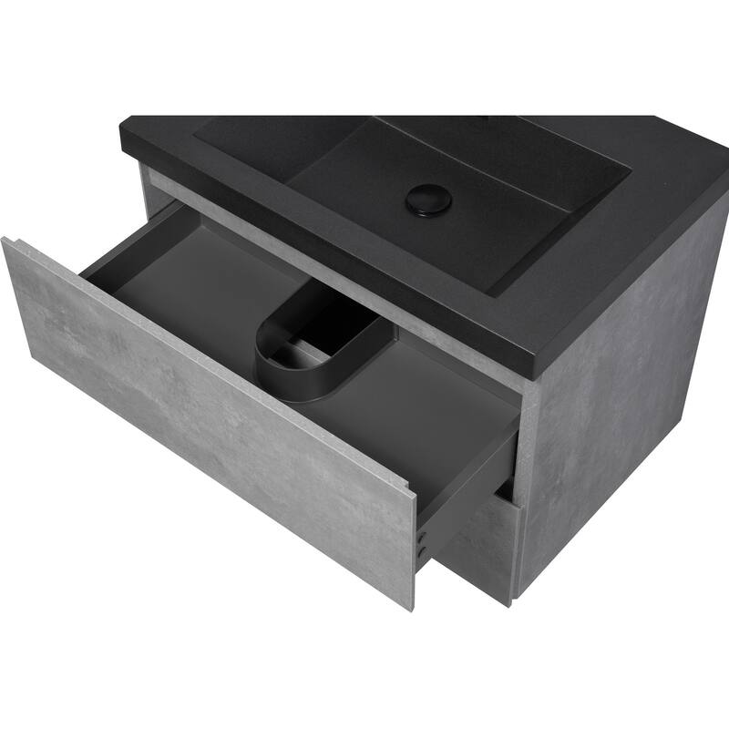 24/30/36/48/60 inch Melamine Floating Bathroom Vanity with Sink and Black Quartz Sand Top Basin and Soft Close Drawers