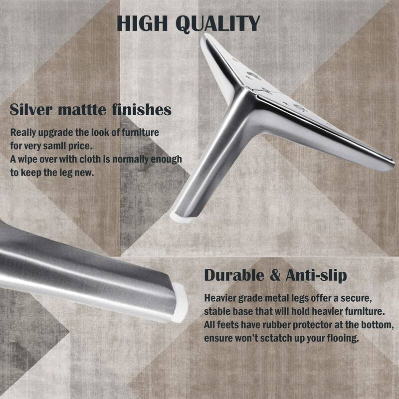 6" Silver Finish Metal Legs, Sturdy Replacement for Sofa & Tables, Set of 6