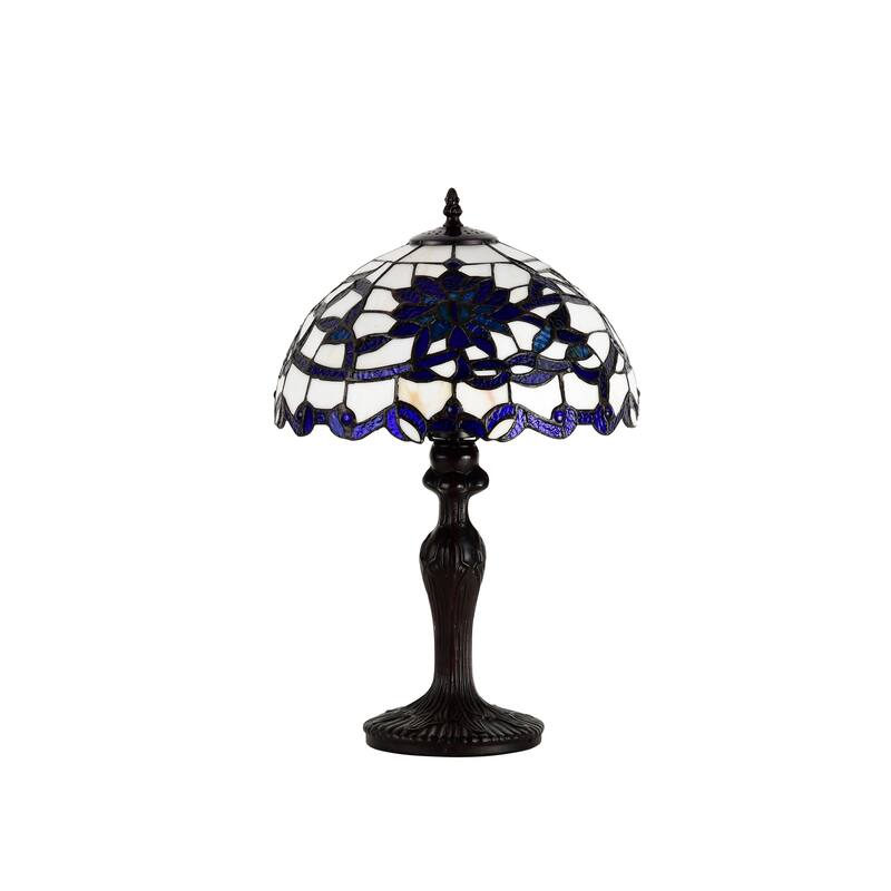 Gracie 12-inch Blue/White Flower Design Stained Glass/Bronze Tiffany-Style Table Lamp