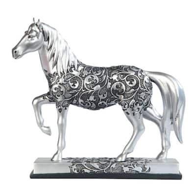 Q-Max 8"W Decorative Craved Silver Horse Figurine with Base
