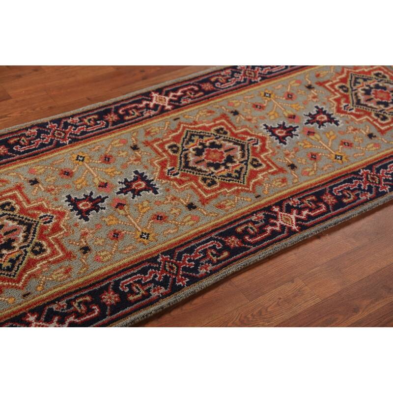 Geometric Heriz Serapi Runner Rug Hallway Hand-Knotted Wool Carpet - 2'6"x 7'10"