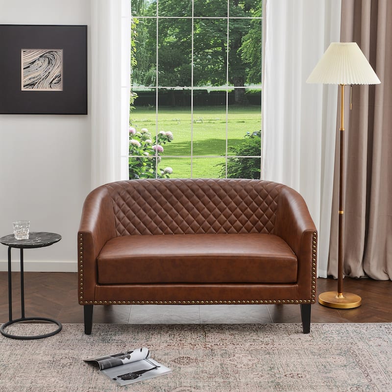 KINWELL 50"W Tufted Faux Leather Upholstered Small Loveseat Sofa
