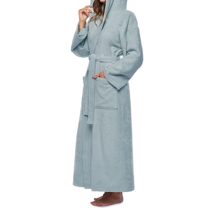 Women's Hooded Long Bathrobe Terry Cotton - Full Ankle Length Spa Robe