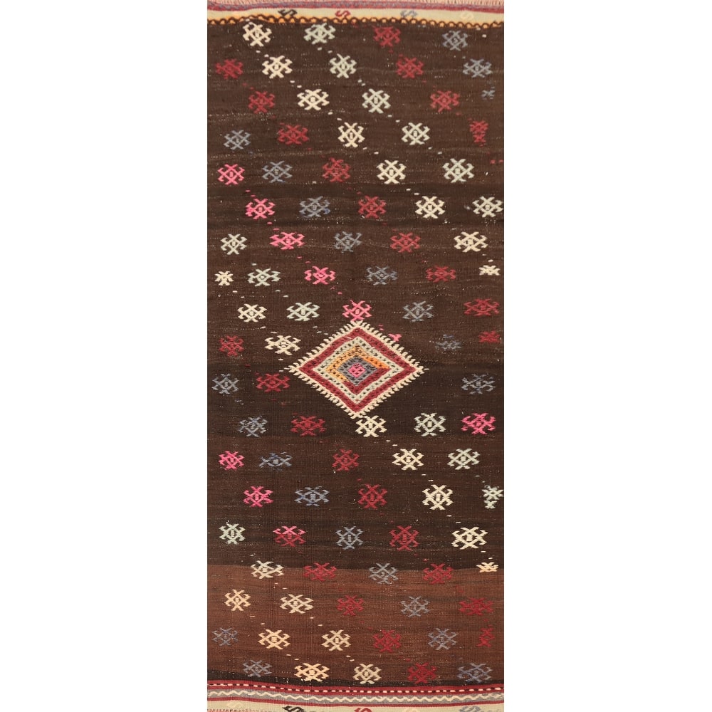 Hand Woven Oriental 100% Wool Carpet Southwestern Tribal Brown Kilim Runner Rug - 9' 3'' X 3' 6''