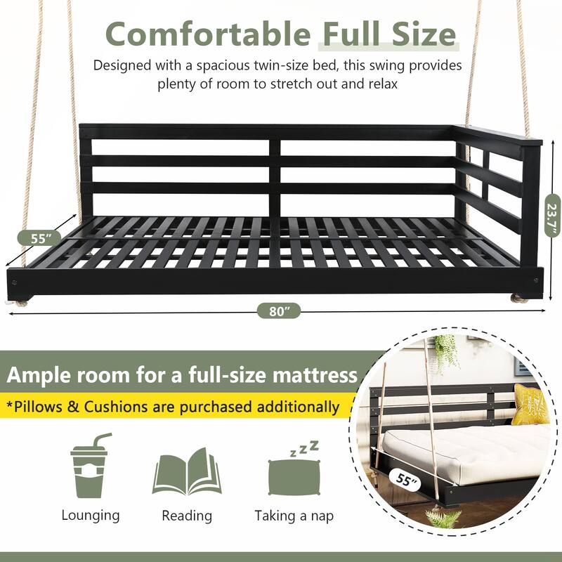 Durable Acacia Wood Porch Swing Bed with Hemp Ropes for Patio and Garden