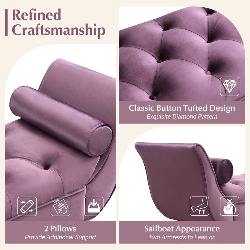 Upholstered Velvet Bench Purple End of Bed Bench with 2 Pillows, Button Tufted Ottoman Footstool with Rolled Arms