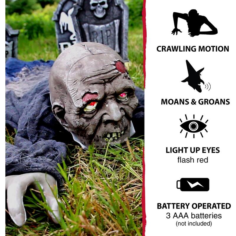 Haunted Hill Farm 62 In. Animatronic Zombie, Indoor/Outdoor Halloween Decoration, Flashing Red Eyes, Poseable, Battery