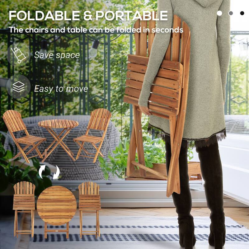 Natural Acacia Wood Folding Outdoor Dining Set Two Chairs and Coffee Table - 28.7" W x 28.7" D x 28.7" H
