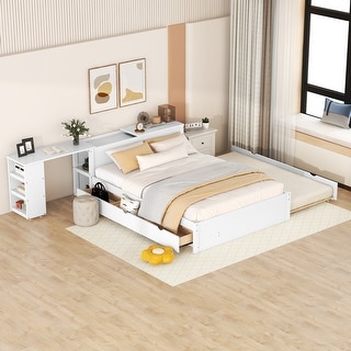 Full Size Platform Bed with Trundle and Drawers Wood Full Bed Frame with a Rolling Shelf Platform Bed with Desk - White