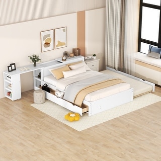 Full Size Platform Bed with Twin Trundle & 3 Drawers, Wooden Storage Bed Frame with Rolling Desk & Storage Shelves Headboard