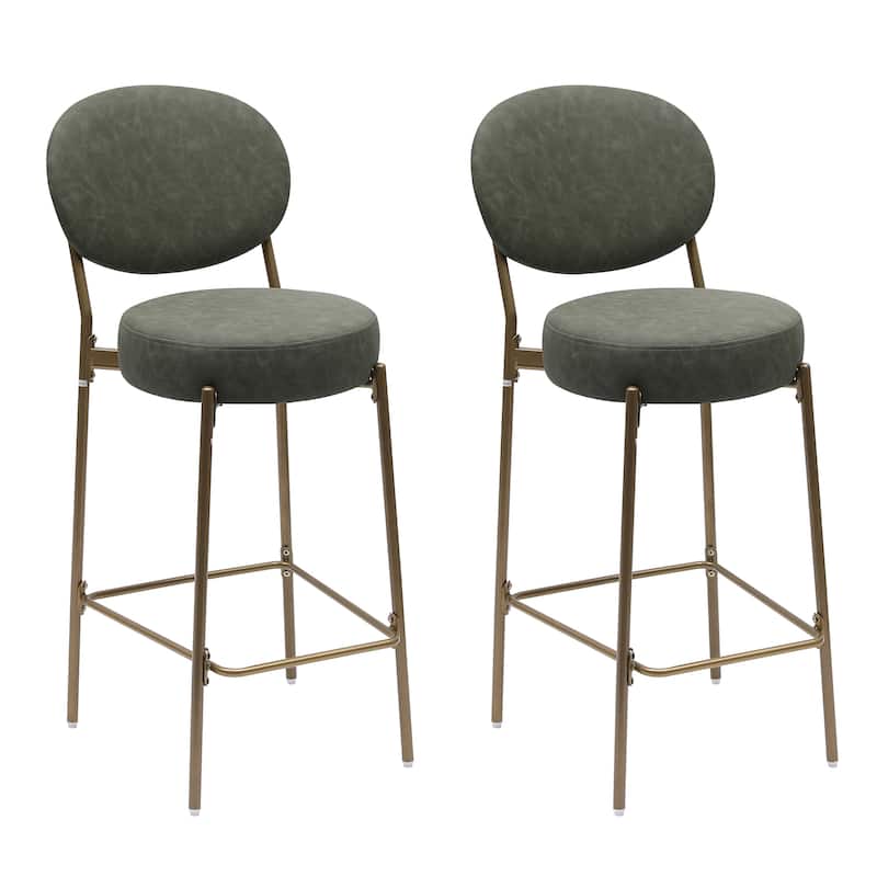 HomeRoots Set of Two 29" Green and Gold Faux Leather and Metal Low Back Bar Height Bar Chairs