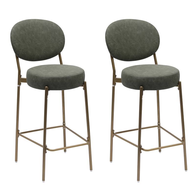 Set of 2 29" Faux Leather Bar Stools with Golden Legs, Modern Round Kitchen Counter Dining Chairs - Green