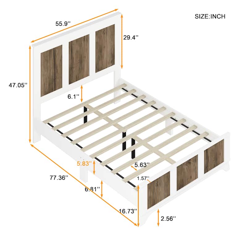 Wooden Platform Bed, Wingback Bed Frame with Wooden Strip Decoration Headboard and Footboard, Plywood Slats Support