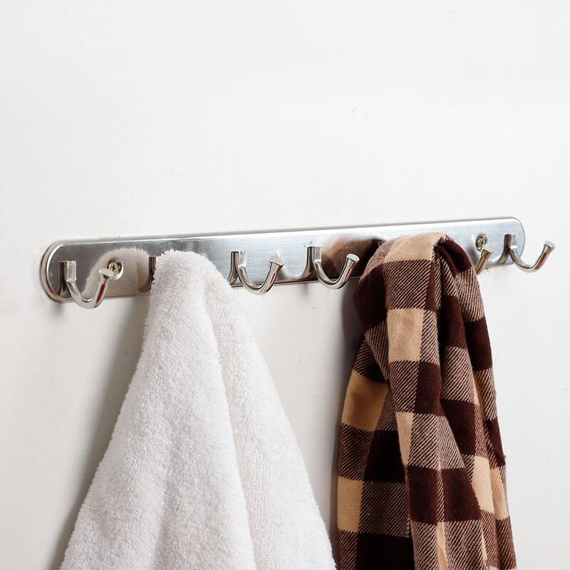 7 Hooks Stainless Steel Door Wall Mounted Clothes Bags Coat Hook Rack - Silver Tone