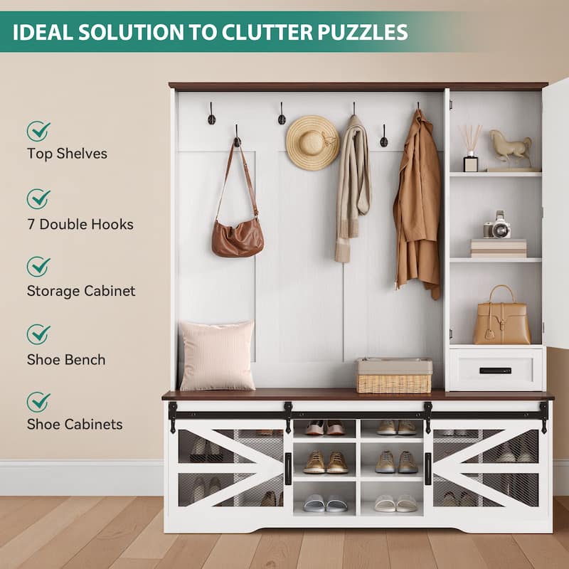 Moasis Farmhouse Coat Rack Hall Tree with Flip-Up Bench, 7 Hooks Shoe Storage Bench for Entryway