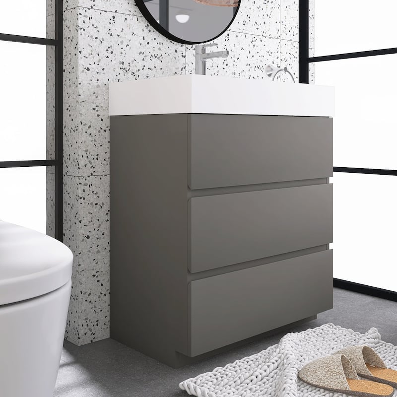 Wood Freestanding Bathroom Vanity Set with White Integrated Resin Sink