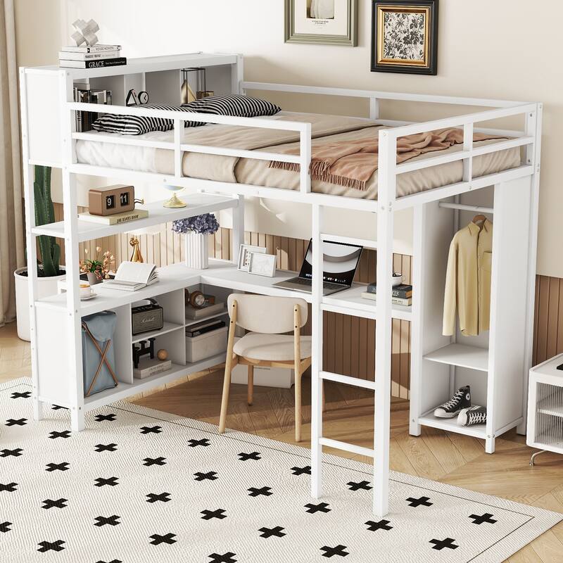 Modern Metal Full Size Loft Bed with Wardrobe and L-shaped Desk