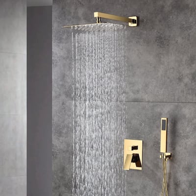 polished gold wall mount 12 inch rain head 2 way shower faucet with handle sprayer - 7'6" x 10'9"