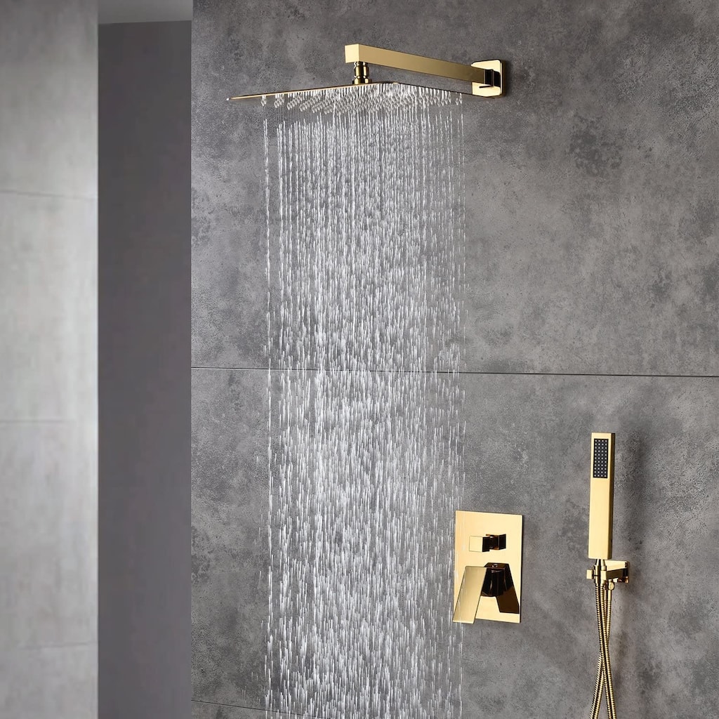 polished gold wall mount 12 inch rain head 2 way shower faucet with handle sprayer - 7'6" x 10'9"