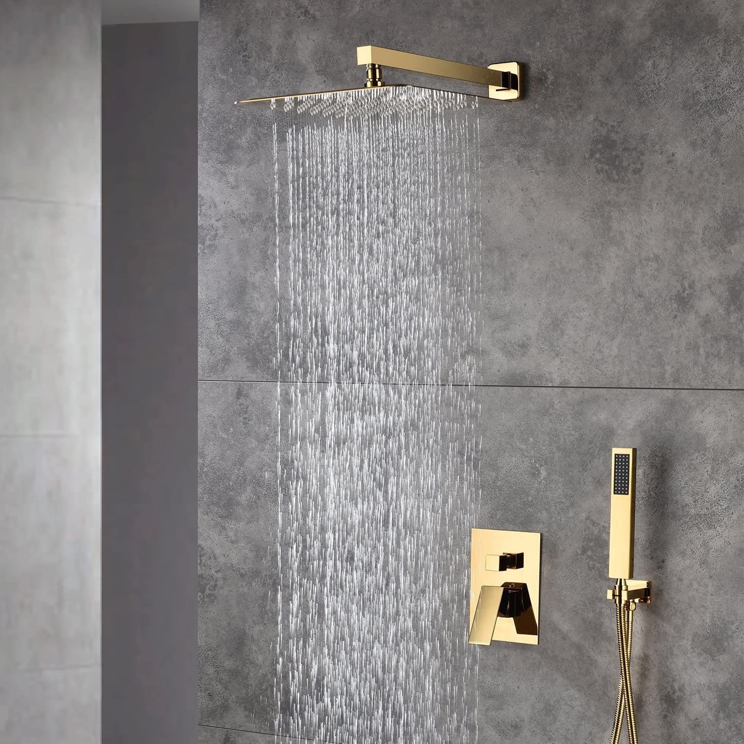 polished gold wall mount 12 inch rain head 2 way shower faucet with handle sprayer - 7'6" x 10'9"