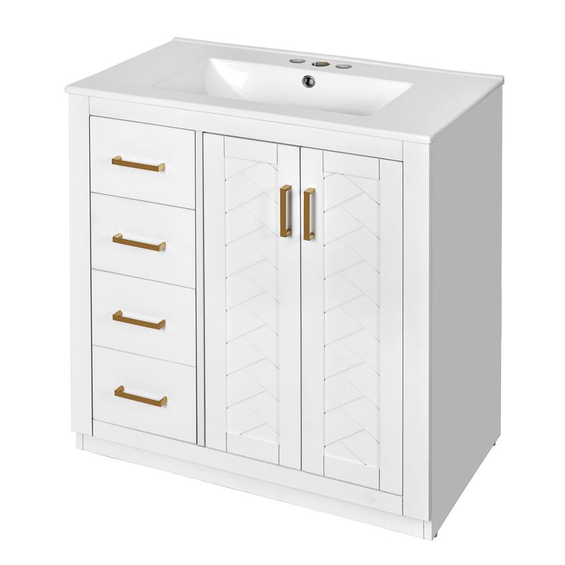 30" Modern Bathroom Vanity Combo with Ceramic Sink, Solid Wood Frame, 3 Drawers, Storage Cabinet