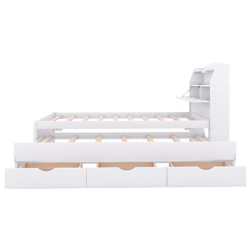 Twin Size Wooden LED Bed with Trundle and Storage Headboard