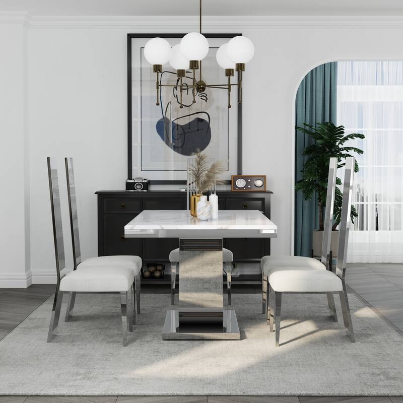 Faux Mable Dining Table Set with White Boucle and High Back Chairs