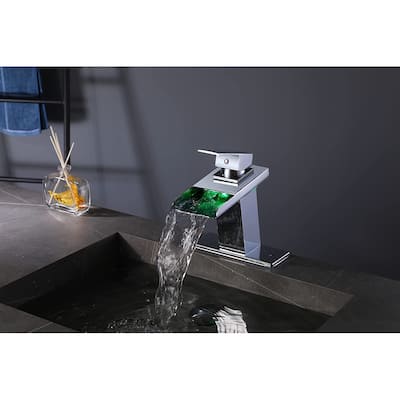 Chrome Waterfall 3 Color LED Single Handle Bathroom Sink Faucet, Pop Up Brass Overflow Drain