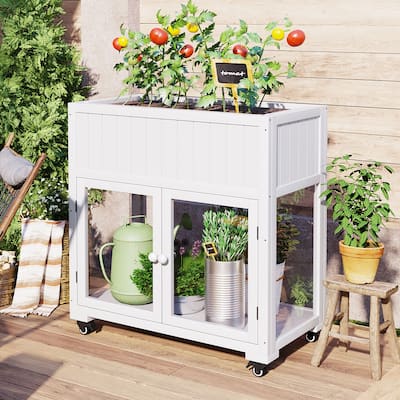 Patio 35.4x17.7x37.4 Mini Wood Cold Frame, Compact 2 Doors Garden Greenhouse with Wheels, Raised Bed with Liner