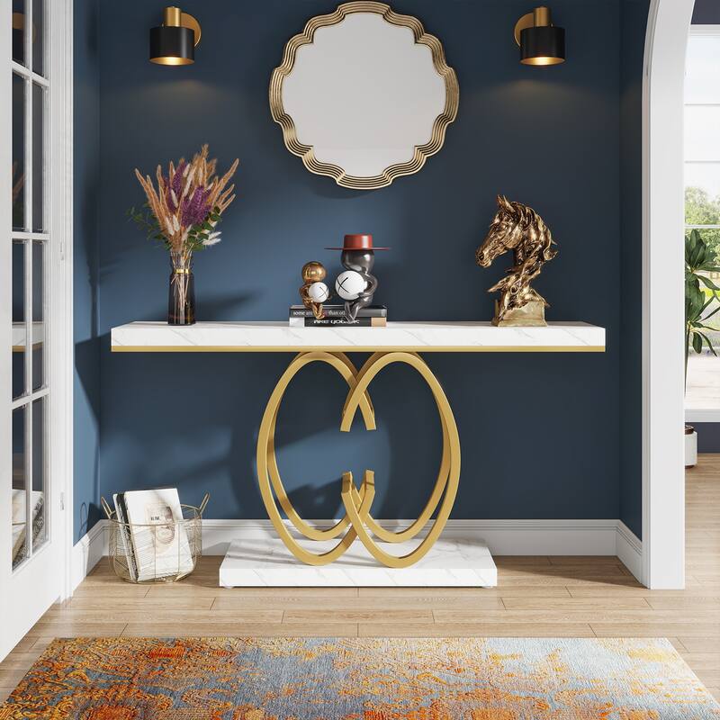 55 INCH White Console Table Modern Accent Table For Entryway with Geometric Base