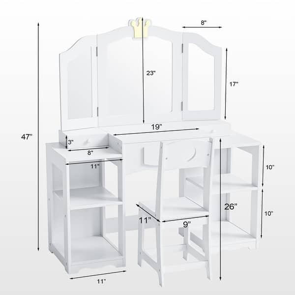 dimension image slide 1 of 4, Kids Vanity Table And Chair Set, 2 In 1 Girls Vanity Storage Cabinet W/Tri-Folding Mirror - N/A