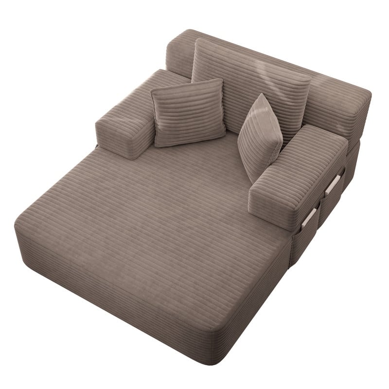 Luxurious Plush Corduroy Chaise Lounge Convertible Sofa Bed with Storage Pocket and Wide Armrests
