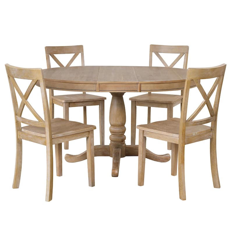 5 Piece Wood Dining Table Set, Kitchen Dining Table Set with Extendable Round Dining Table and 4 Chairs with Backrest